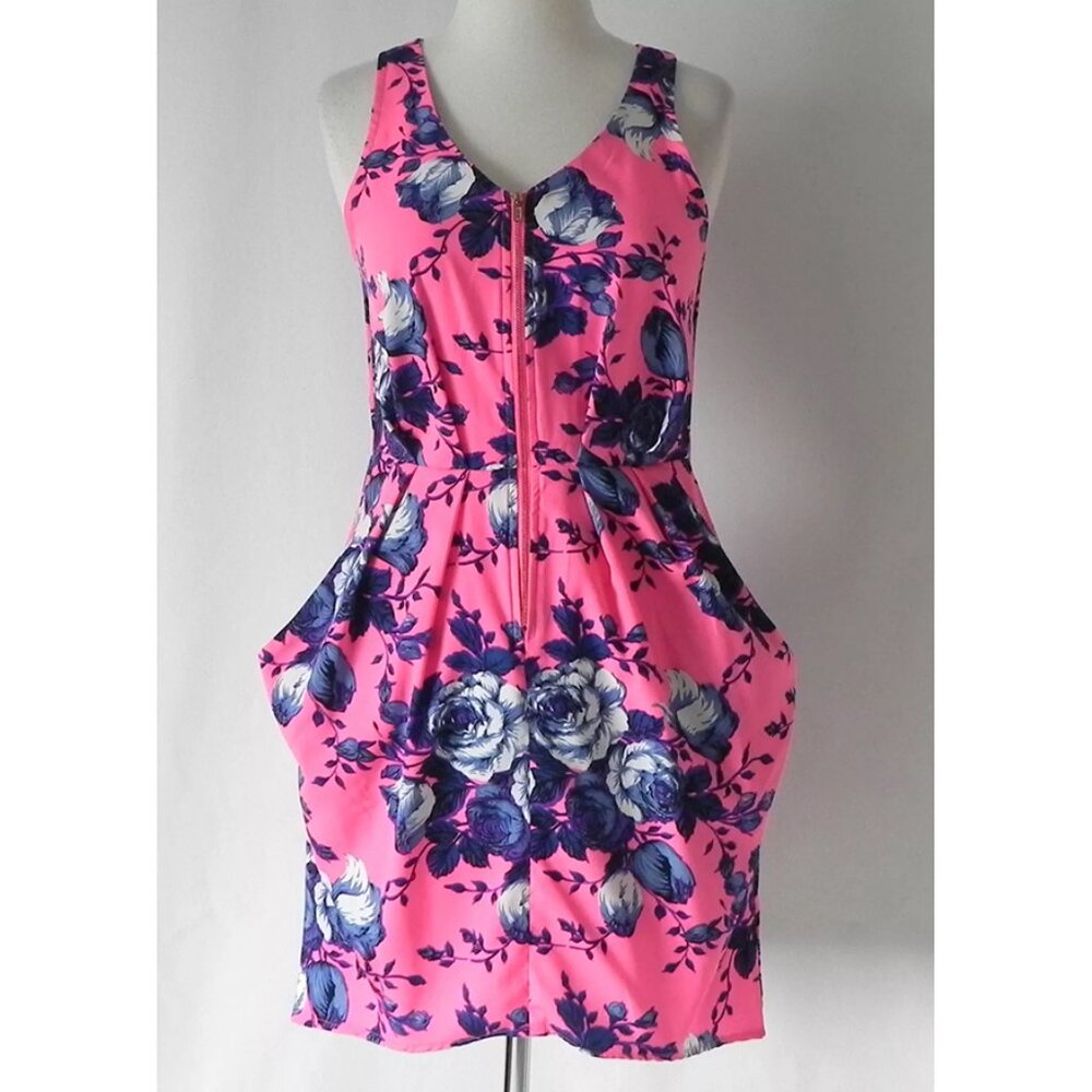 Dex Mini Dress Floral Sleeveless V-Neck 1/2 Zip Pockets - Size XS